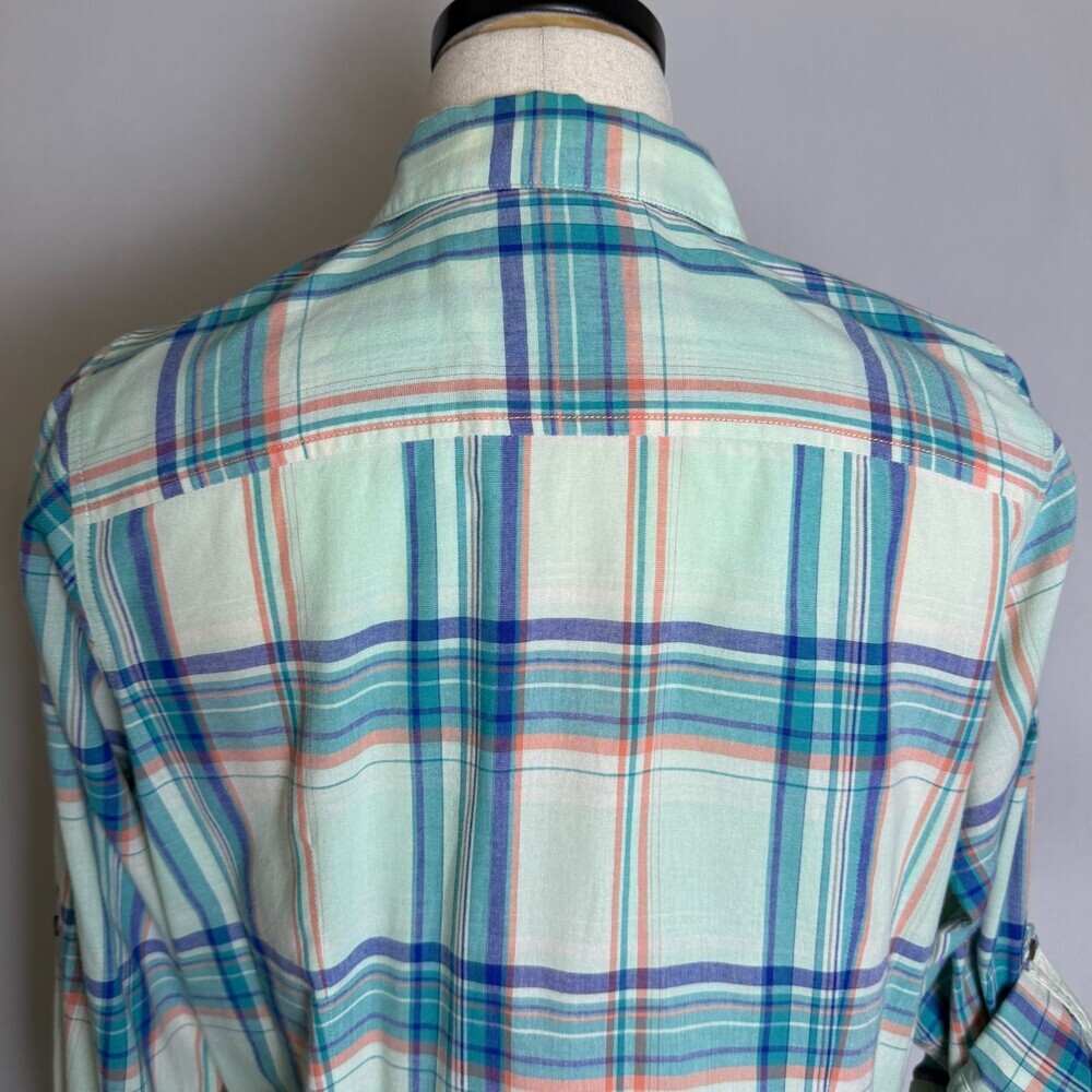 The North Face Button Up Blouse Women's Sz XL Blue Green Plaid Roll Tab Sleeves - Picture 10 of 15